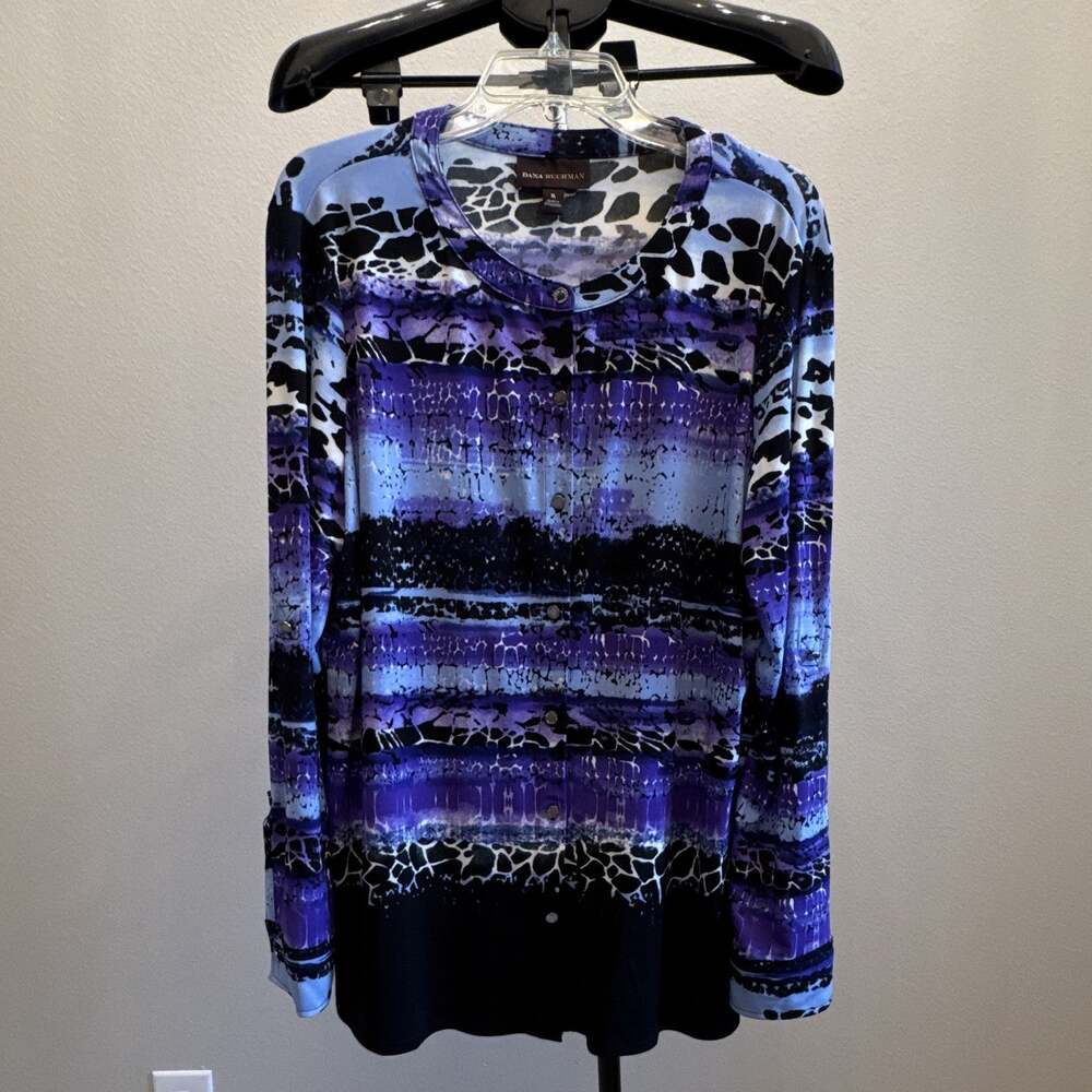 Dana Buchman Womens abstract Print Button Front Long Sleeve Blouse XL Purple